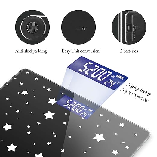 Weight Scale Digital Bathroom Scale Scale for Body Weight 400 lbs Personalized Digital Scale with Backlit Display Easy Read(Battery Not included) - Black and White Stars