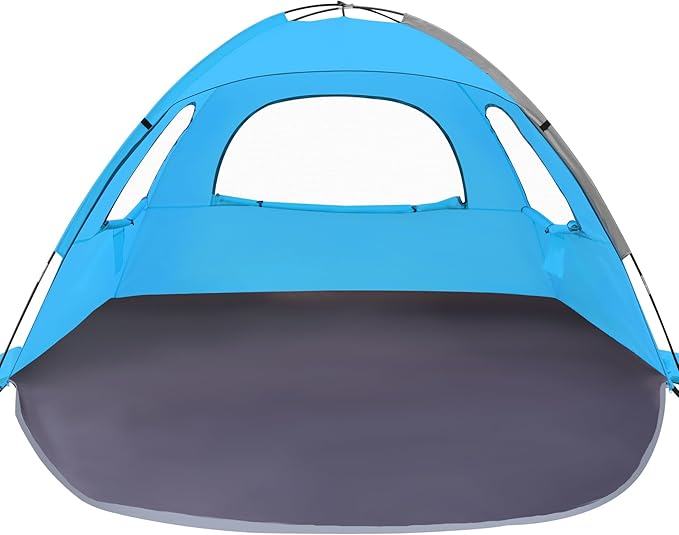 WhiteFang Beach Tent Anti-UV Portable Sun Shade Shelter for 3/4/6/8 Person, Extendable Floor with 3 Ventilating Mesh Windows Plus Carrying Bag, Stakes and Guy Lines
