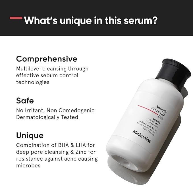 Minimalist 2% Salicylic Acid Face Wash for Oily, Acne Prone Skin | Anti Acne Face Wash With LHA & Zinc | Sulphate free Gentle BHA Liquid Exfoliant | For Women & Men | 3.4 Fl Oz / 100 ml