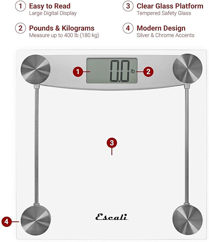 Escali Digital Glass Bath Scale for Body Weight, Bathroom Body Scale, High Capacity of 400 lb, Battery Included, Clear Glass