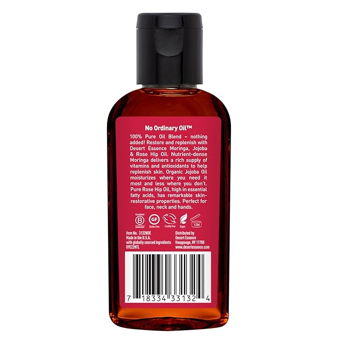 Desert Essence Moringa, Jojoba & Rose Hip Oil Refreshing & Rejuvenating Skin Restoration - Nutrient-Rich Vitamin Blend For Face, Neck, Body & Hands - Vegan, Non-GMO, Gluten-Free, Cruelty-Free - 2oz