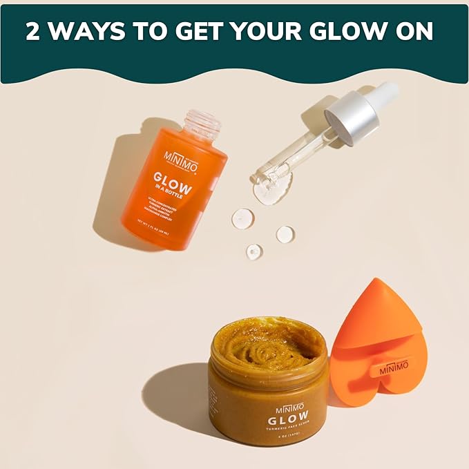 Minimo Skin Essentials Glow on Glow Combo Pack: Glow Turmeric Face Scrub (5 oz) + Glow in a Bottle Ultra-Concentrated Turmeric Serum (1 oz)