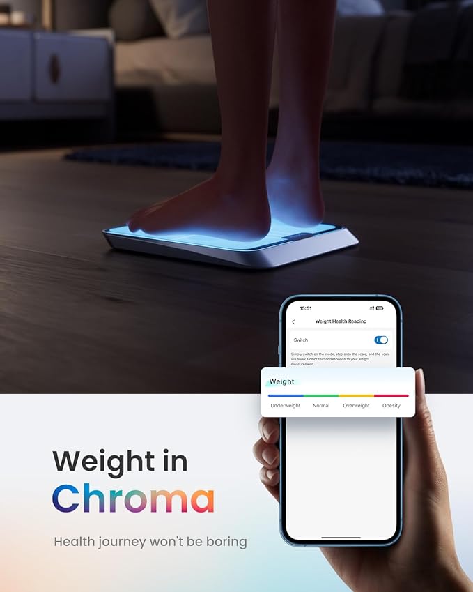 RENPHO Smart Body Fat Scale with Light, Fitness Equipment with RGB Lighting, Rechargeable Scale with BMI, Body Fat, Muscle Mass, Color Changing with Weight Variation, FSA HSA Eligible, Elis Chroma