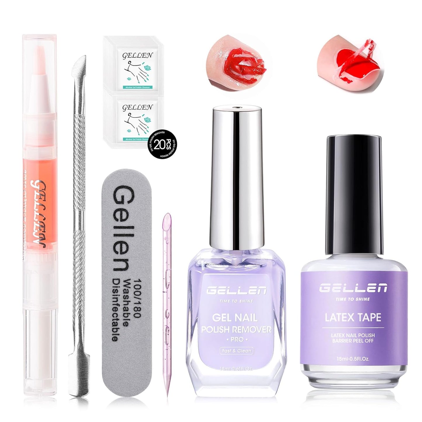Gellen Gel Remover for Nails - Pro, Gel Polish Remover with Peelable Liquid Latex for Nails, Gel Nail Remover Kit Fast Nail Gel Removal in 2-5 Minutes Professional No Soaking or Wrapping