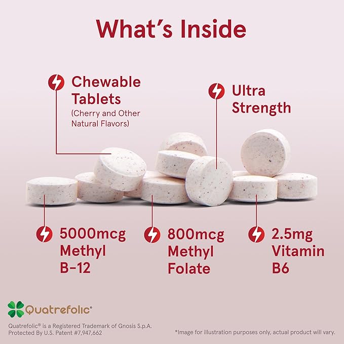 Jarrow Formulas Ultra Strength Methyl B-12 5000 mcg & Methyl Folate 800 mcg + P-5-P, Supplement for Cellular Energy Metabolism and Cardiovascular Support, 60 Chewable Tablets, 60 Day Supply, 12 Packs
