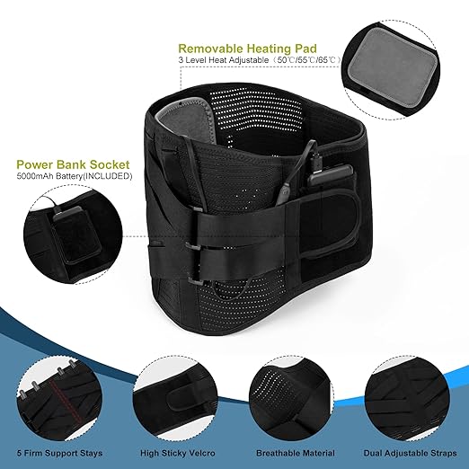 HONGJING Back Support Belt with Heat for Lower Back Pain Relief, Rechargeable Back Bace with 3 Temperature for Herniated Disc, Sciatica, Works for Men or Women (M)