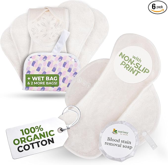 Non-Slip Organic Reusable Period Pads for Heavy Flow & Incontinence (L+XL, 6-Pack); High-Temp Viscose Washable Cloth Pads for Women; Non-Irritating, Soft Reusable Pad Menstrual for Comfortable Care