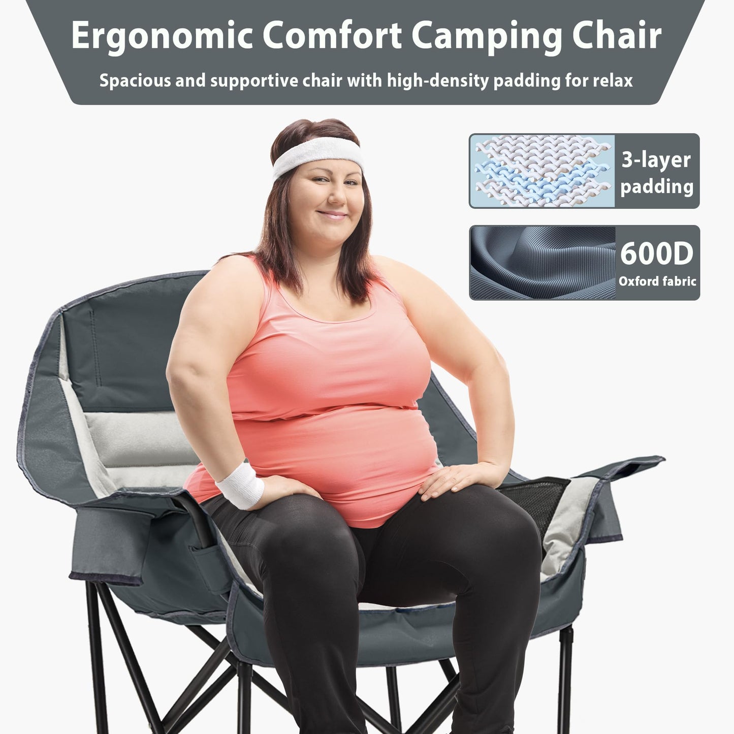 Youtanic Oversized Camping Chair, Portable Folding Camping Chairs with Side Pocket, Cup Holder and Carry Bag, Heavy Duty Outdoor Camping Chairs for Adults, Fishing, Sports, Trip, up to 400lbs, Style 8