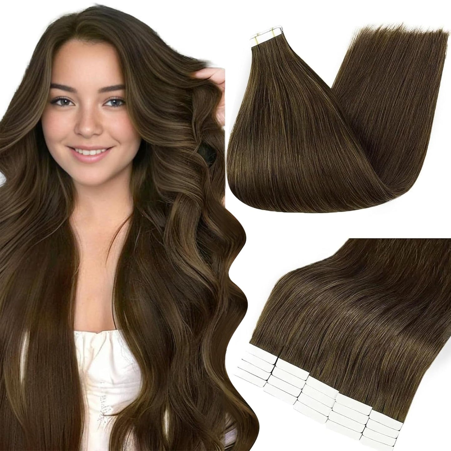 Full Shine Tape in Extensions Human Hair 20PCS Double Sided Natural Hair Extensions Real Human Hair Tape Ins Color 3 Darker Brown 10 Inch Remy Hair Extensions Tape ins 30 Grams for Women