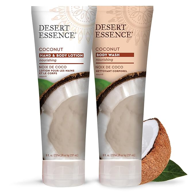 Desert Essence Coconut Hand & Body Lotion Nourishing Organic Coconut Oil, Hibiscus Flower Extract & Jojoba Oil - Softens & Moisturizes Skin - Vegan, Cruelty-Free, Sulfate-Free - 8oz (Pack of 2)