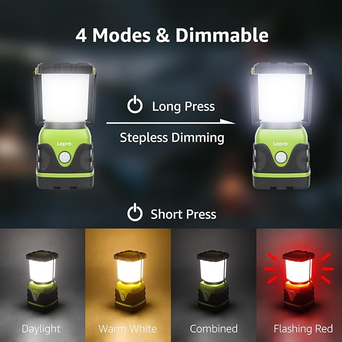 LE 1500LM Battery Powered LED Camping Lantern, Waterproof Tent Light with 4 Light Modes, Camping Essentials, Portable Lantern Flashlight for Camping, Emergency Light, Power Outages, Not Rechargeable