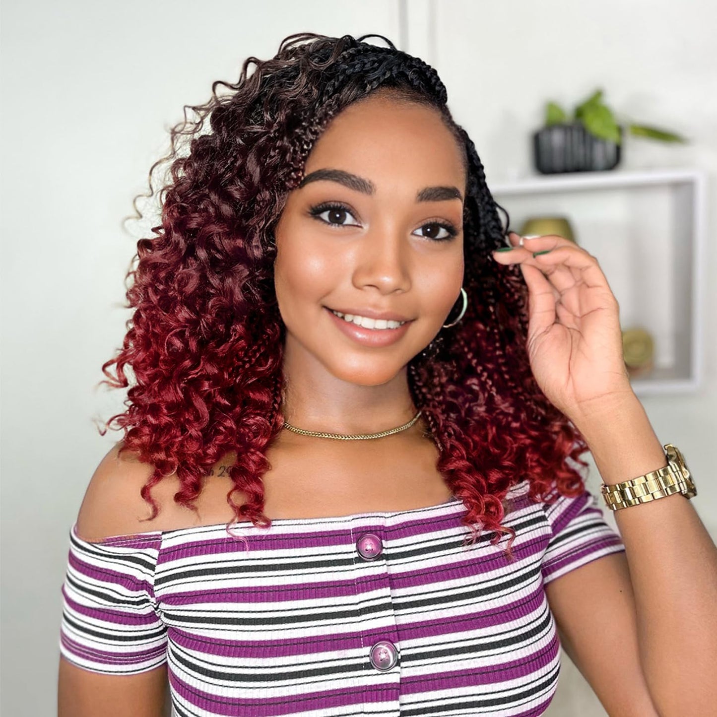 Yewell 9 Packs Goddess Box Braids Crochet Hair Boho Crochet Box Braids With Curly Ends Crochet Hair For Black Women, 10 Inch Pre Looped Bohemian Crochet Box Braids Hair (10Inch 9 Packs,T99J530#)