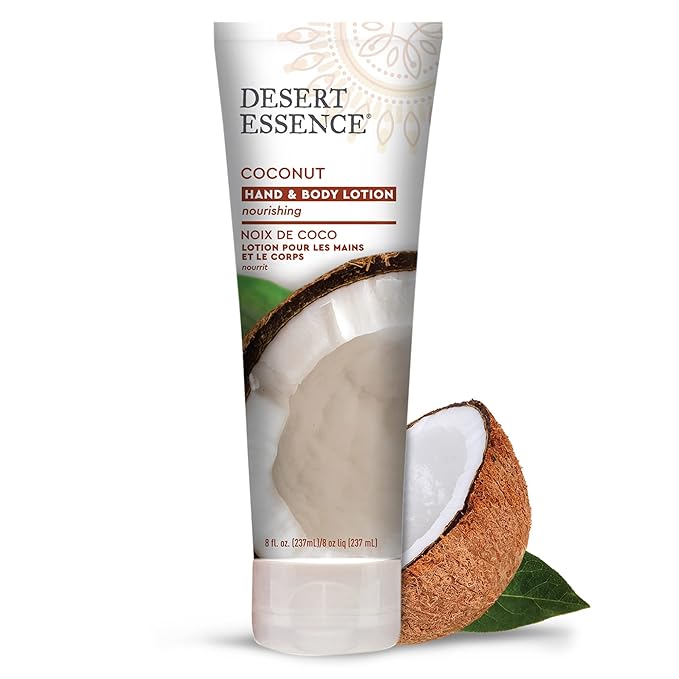 Desert Essence Coconut Hand & Body Lotion Nourishing Organic Coconut Oil, Hibiscus Flower Extract & Jojoba Oil - Softens & Moisturizes Skin - Vegan, Cruelty-Free, Sulfate-Free - 8oz (Pack of 2)