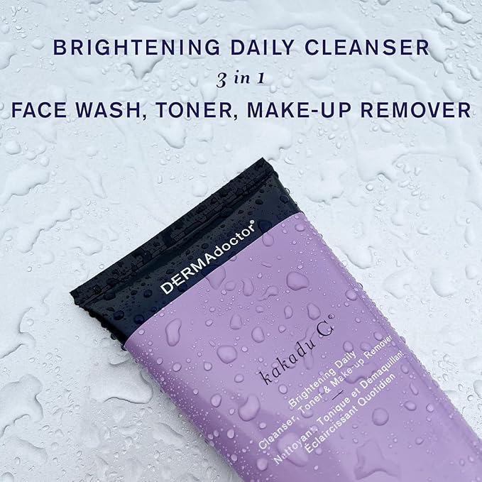 DERMAdoctor Kakadu C Dermatologist Formulated Vitamin C Brightening Daily 3 in 1, Exfoliating Face Wash, Toner, Make up Remover, Hydrating Facial Cleanser for Uneven, Dull Skin, Travel Size - 2.37 oz