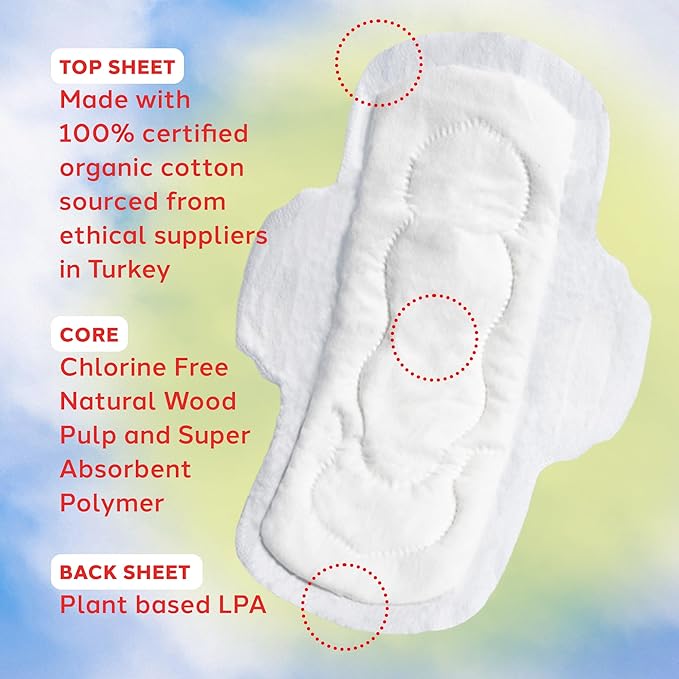 August Organic Menstrual Pads - Super Absorbency, 96 HSA FSA Eligible, Fragrance Free, Hypoallergenic Pads with Wings (6 Boxes of 16)
