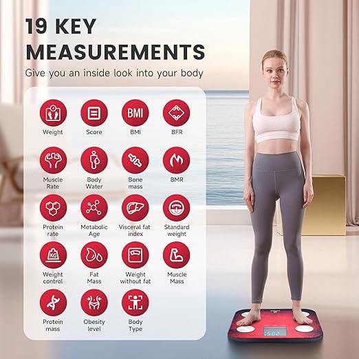 EILISON Digital Bathroom Scale with 4 Electrodes & BIA Technology High-Precision Smart Body Fat Analyzer,Large Color Night Vision Touchscreen,Bluetooth App Sync for 19 Metrics,396LBS Capacity (Red)