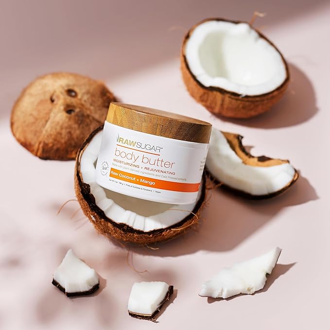 RAW SUGAR Raw Coconut + Mango Hand Soap, Body Scrub & Body Butter Bundle, Body Care for Dry Skin, Exfoliate and Moisturize, Hand Wash + Body Care - Mango, Formulated without Sulates and Parabens