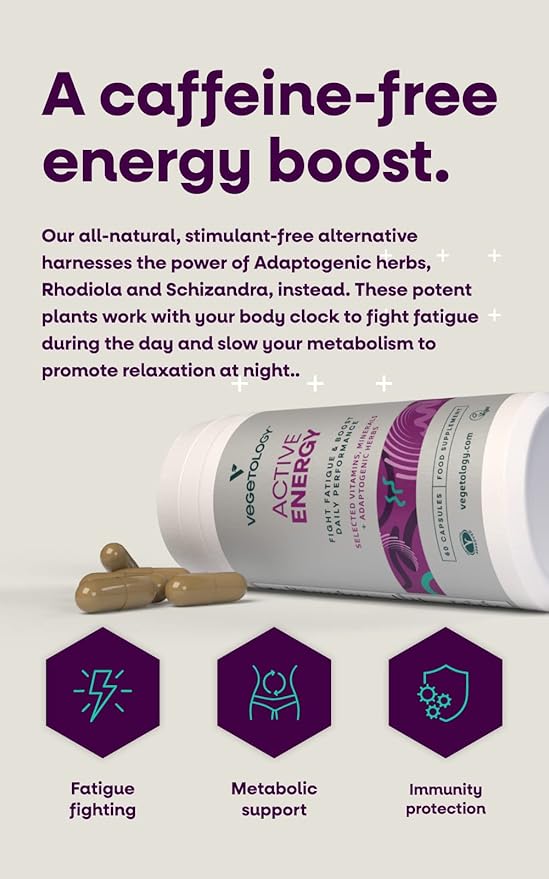 Active Energy Supplements – Fatigue-Fighting C & B Vitamin Supplements – Vitamin Supplement w/Folate, Iron & Adaptogenic Herbs – Caffeine-Free Multivitamin Capsules (60 Counts)