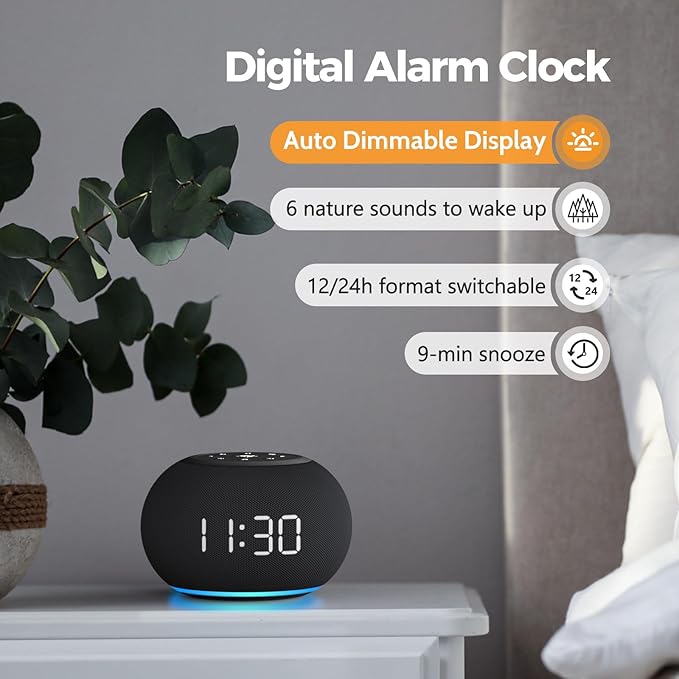 Reacher Auto-Dimmable Alarm Clock Sound Machine with Night Light, 20 Soothing Sounds, LED Digital Display, Sleep Timer, Adjustable Volume, Small White Noise Maker for Office, Travel