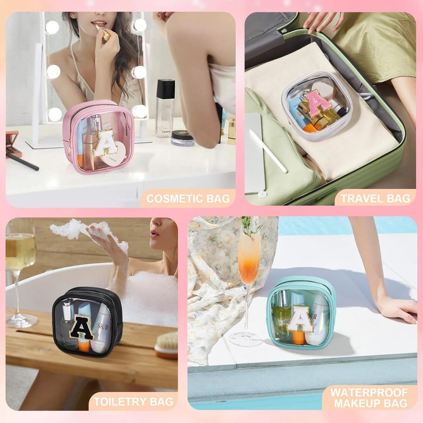 YOOLIFE Initial Make Up Bag Travel Toiletry Bag, Clear Makeup Bag Preppy Cosmetic Bags Organizer Travel Essentials Gifts for Women Teen Girlfriend Teacher Mom Birthday Mothers Day Gifts White F