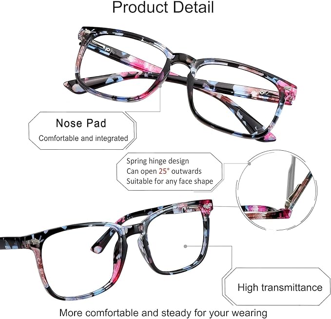 YEIN Bifocal Reading Glasses with Blue Light Blocking Lenses, Bifocal Reader for Women, Vintage Square frame with Spring Hinge (+0.00/+2.00 magnification)