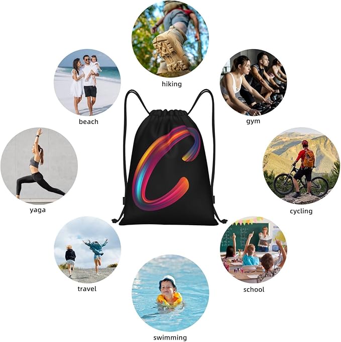 Drawstring Bags Initial Drawstring Backpack Sackpack Black Draw String Cinch Bags for Sports, Gym, Travel, Swimming, Beach, Camping, Rainbow Letter C