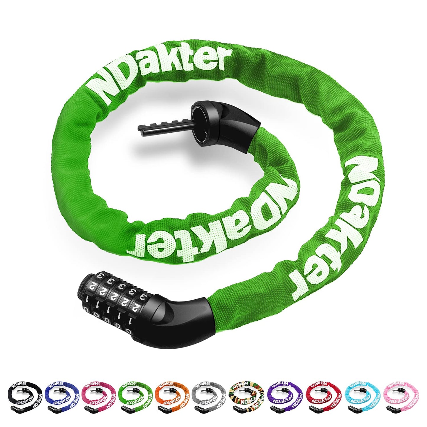 NDakter Bike Chain Lock, 5-Digit Combination Anti-Theft Bicycle Lock, 3.2/4.27 feet Long Security Resettable Bike Locks Heavy Duty for Bike, Motorcycle, Bicycle, Door, Gate, Fence, Grill, Green