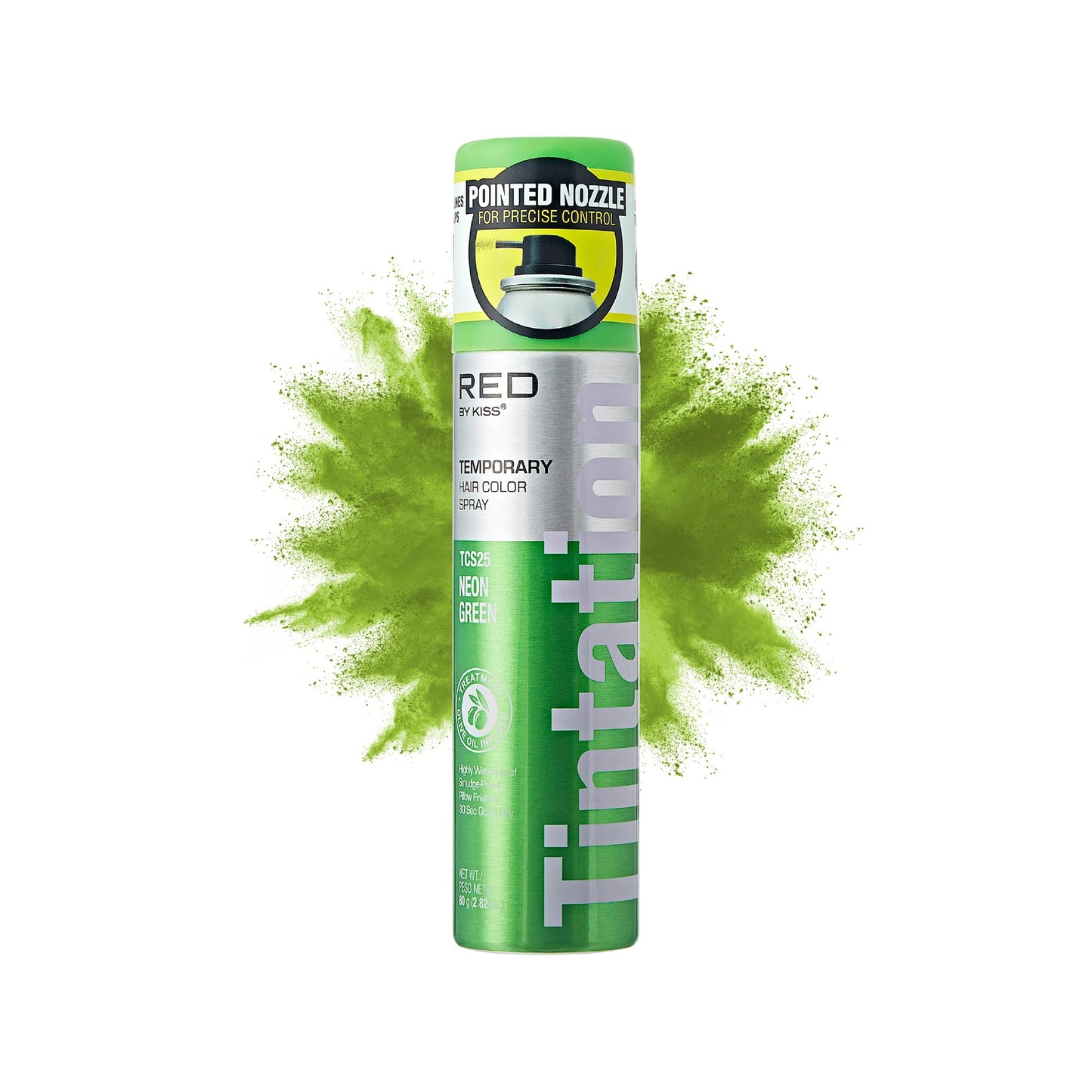 Red by Kiss Tintation Temporary Hair Color Spray 2.82oz, Quick-Dry & Smudge-Proof, Vivid Color Washable Hair Dye, Styling Spray Cosplay Halloween Birthday Party Festival (Neon Green)