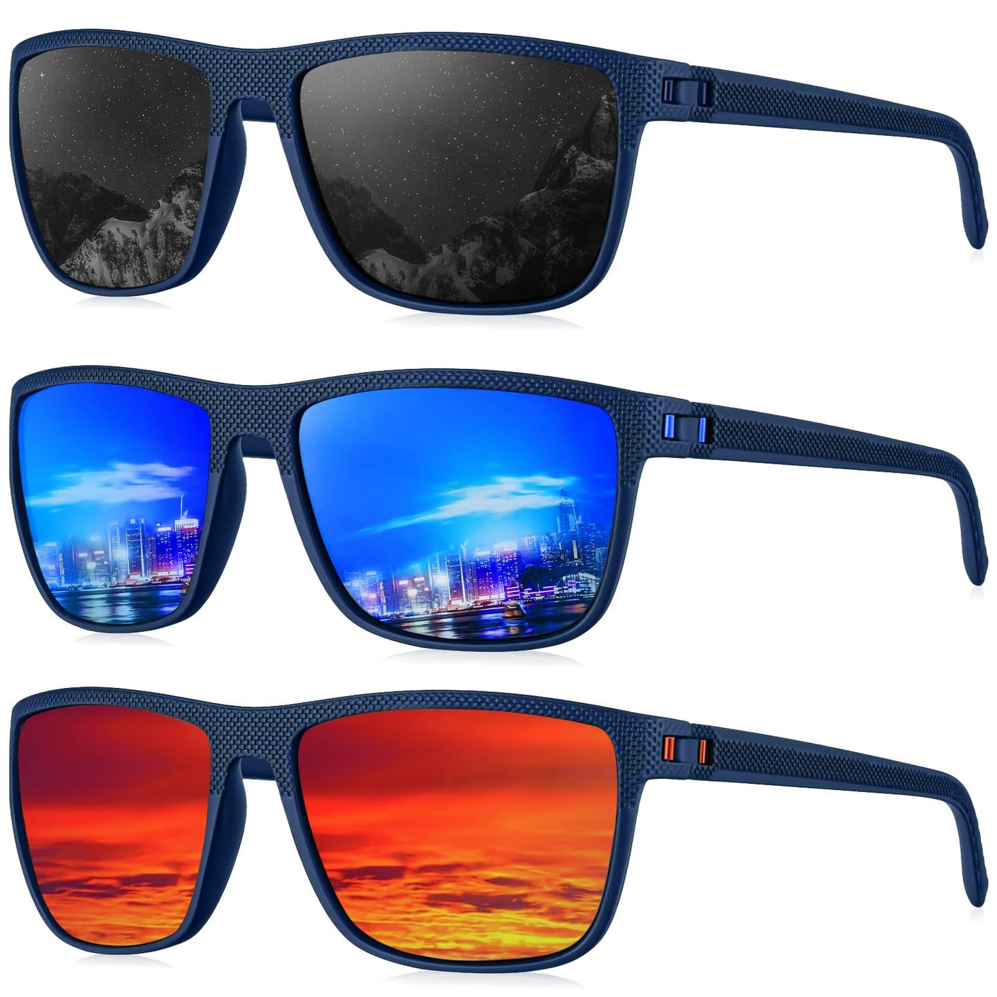 KALIYADI Polarized Sunglasses Men, Lightweight Mens Sunglasses Polarized UV Protection Driving Fishing Golf (Frame Blue|Lens Black/Dark Blue/Red)