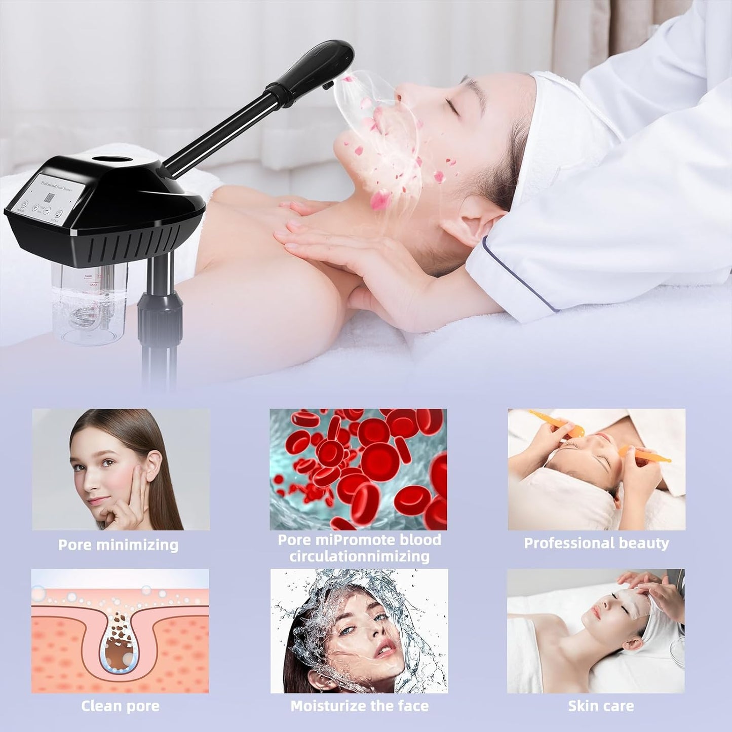 Professional Facial Steamer with More Steam for Deep Cleansing and Hydration, Face Steamer on Wheels with Time Setting, Estheticians Steamer Adjustable Height for Beauty, Spa and Home Use（Black）