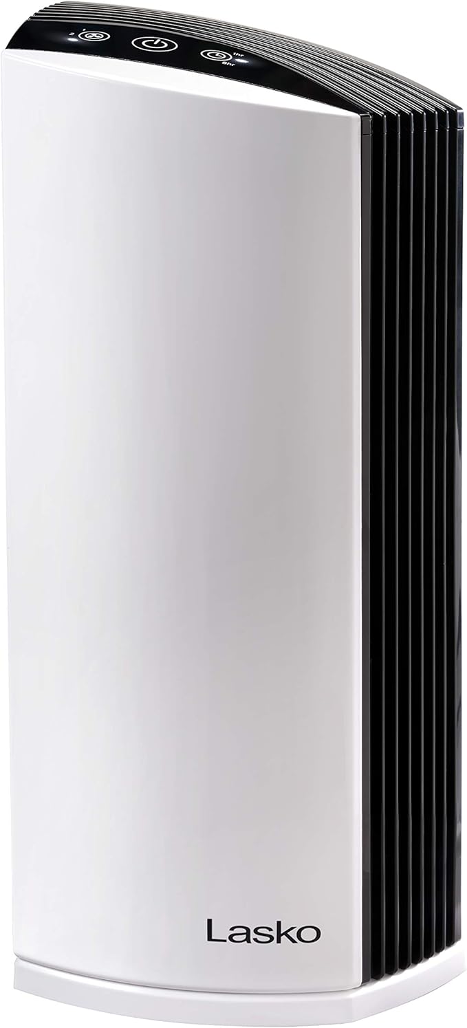 Lasko LP300 HEPA Tower Air Purifier with Timer for a Cleaner, Fresher Environment –2-Stage Filtration Removes Smoke, Odors, Pet Dander, Virus Sized Particles, Pollen, Dust, 21.6" x 7.3” x 10.3”, White