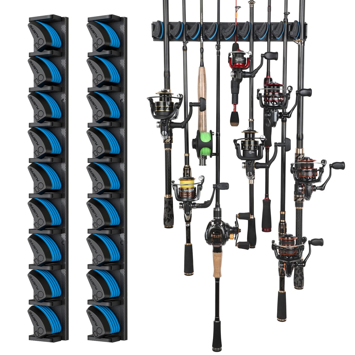 PLUSINNO 2 pack Vertical Fishing Rod rack, Wall Mounted Fishing Rod holder, 2 Packs Fishing Pole Holders Hold Up to 18 Rods or Combos, Fishing rod holders for garage, Fits Most Rods of Diameter 3-18mm