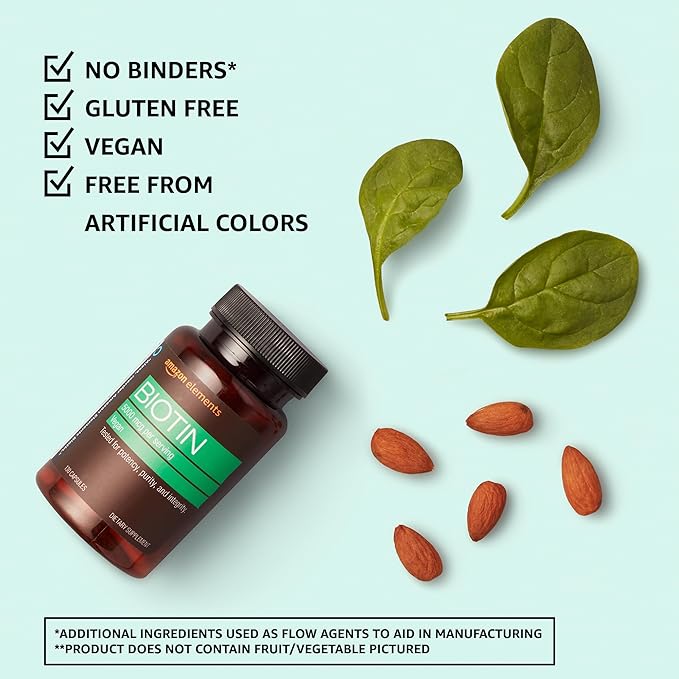 Amazon Elements Vegan Biotin 5000 mcg - Hair, Skin, Nails, 130 Capsules (4 Month Supply) (Packaging May Vary) (Pack of 2)