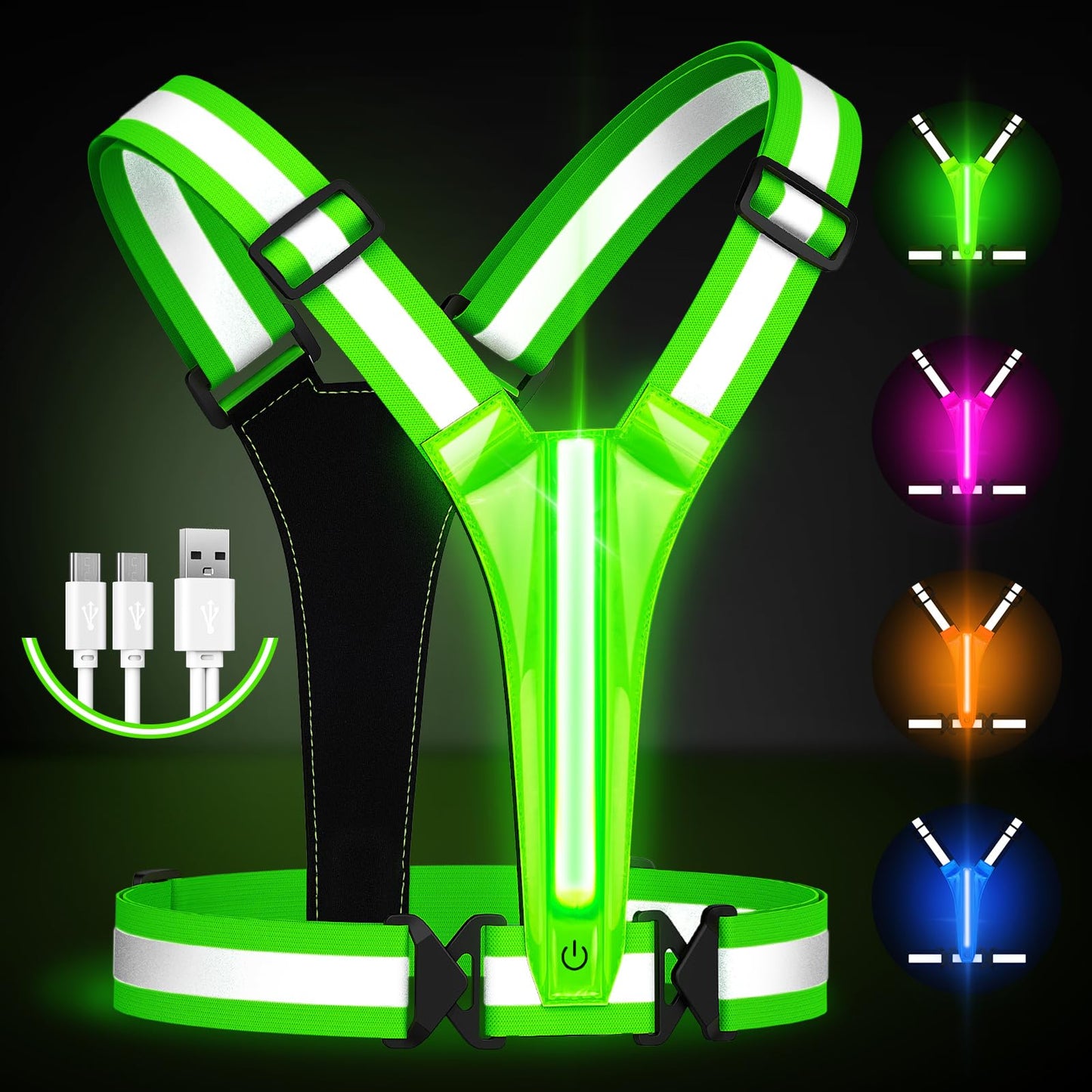 Fokia Kunbio LED Reflective Running Vest Gear,Light Up Vest Runners Night Walking USB Rechargeable,Up to 11hrs Light with Adjustable Waist/Shoulder for Women Men Kids (Green)