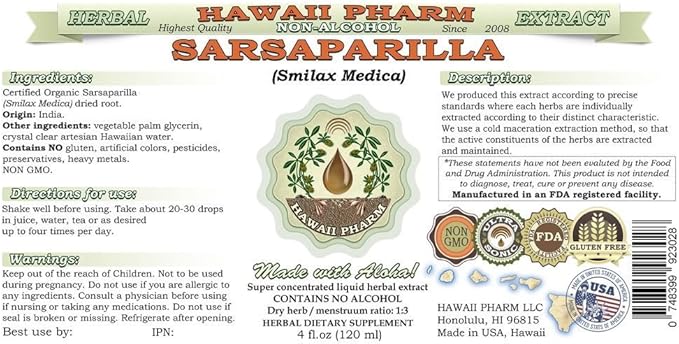 Sarsaparilla Alcohol-Free Liquid Extract, Sarsaparilla (Smilax Medica) Dried Root Glycerite Natural Herbal Supplement, Hawaii Pharm, USA 2 fl.oz