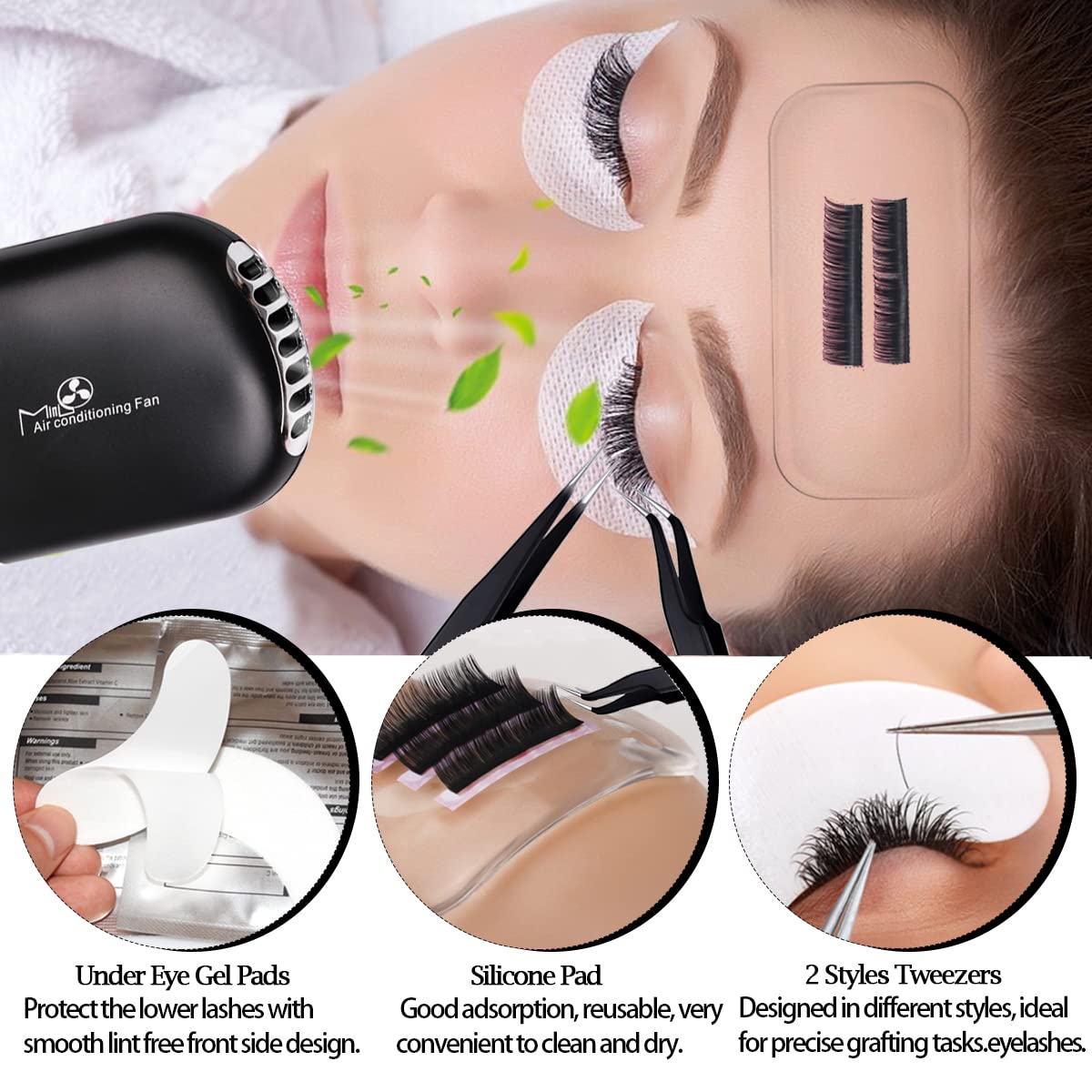 Eyelash Extension Supplies Kit with Individual Lash 0.07D Curl Mix 7-15mm USB Lash Fan Dryer Gel Patch Silicone Holder Pad Tweezers Mirror Disposable Mascara Brush Mini Applicator Glue Ring Tapes