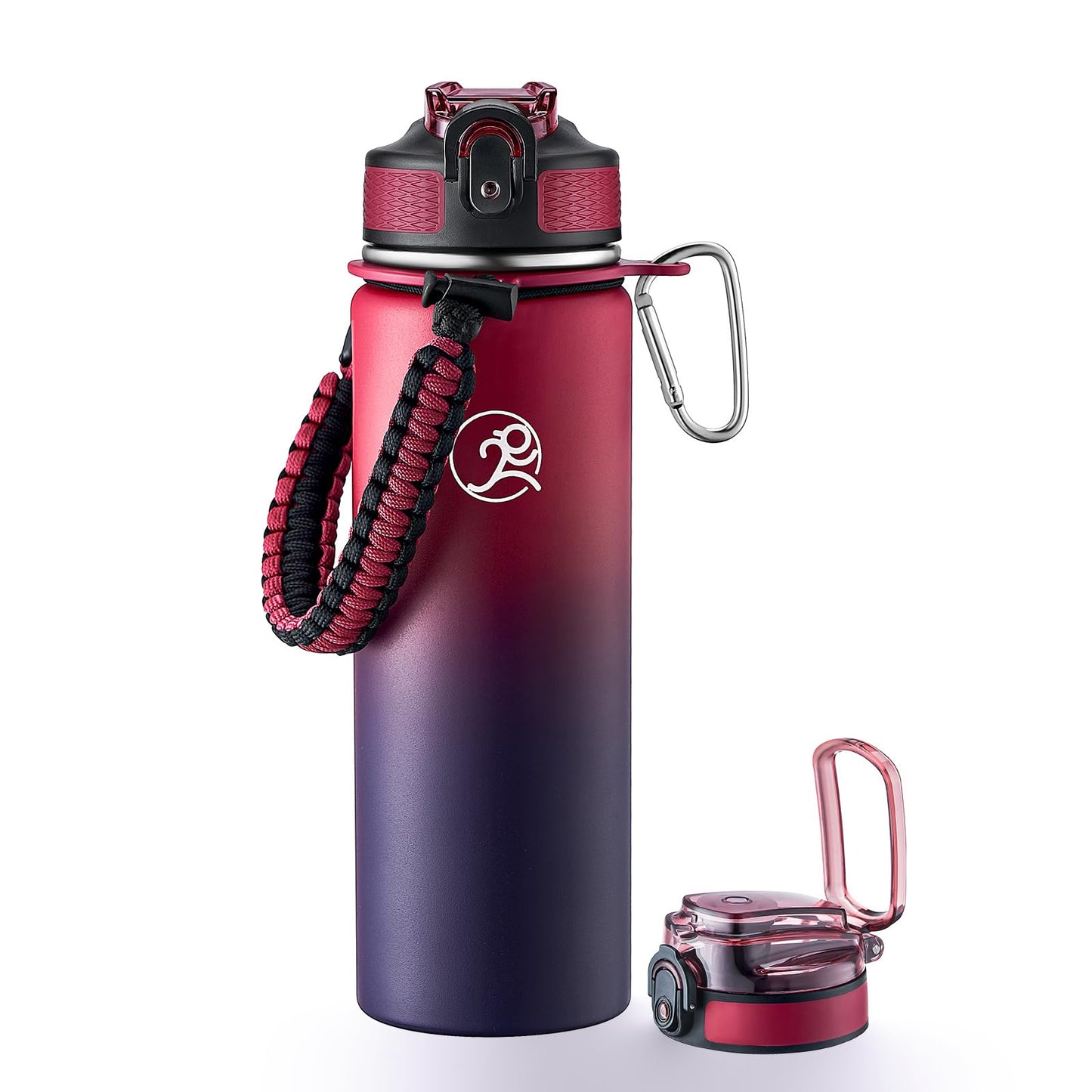 GOSWAG Insulated Sports Water Bottle, 24oz 2 Lids(with Straw/No Straw), Stainless Steel Water Bottles with Paracord Handle, Insulated Thermos with Double-Wall Vacuum Insulation