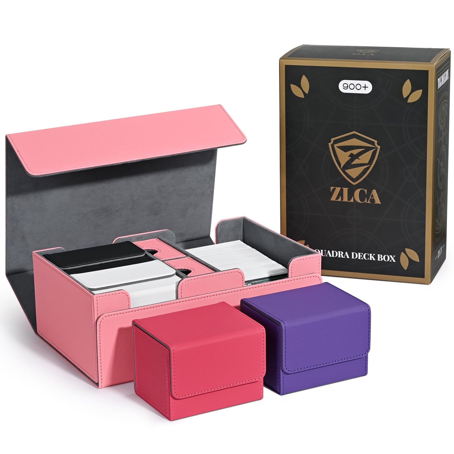 ZLCA Card Deck Box for Trading Cards with 4PCS Deck Cases, MTG Commander Deck Box Holds 900+ Single Sleeved Cards, PU Leather Magnetic Card Storage Box Fits for TCG CCG Magic Cards（Pink Set）