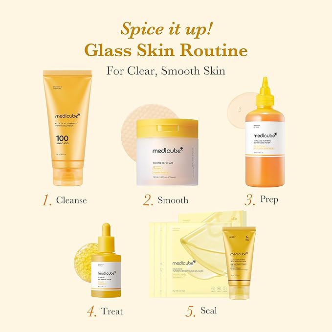 medicube Kojic Acid Turmeric Clarifying Toner Pad for Troubled Skin & Use After Spot Care, Soothing & Calming with Kojic Acid, Turmeric, Niacinamide & Glycolic Acid, Korean Skin Care, 70 Pads, 1 Pack