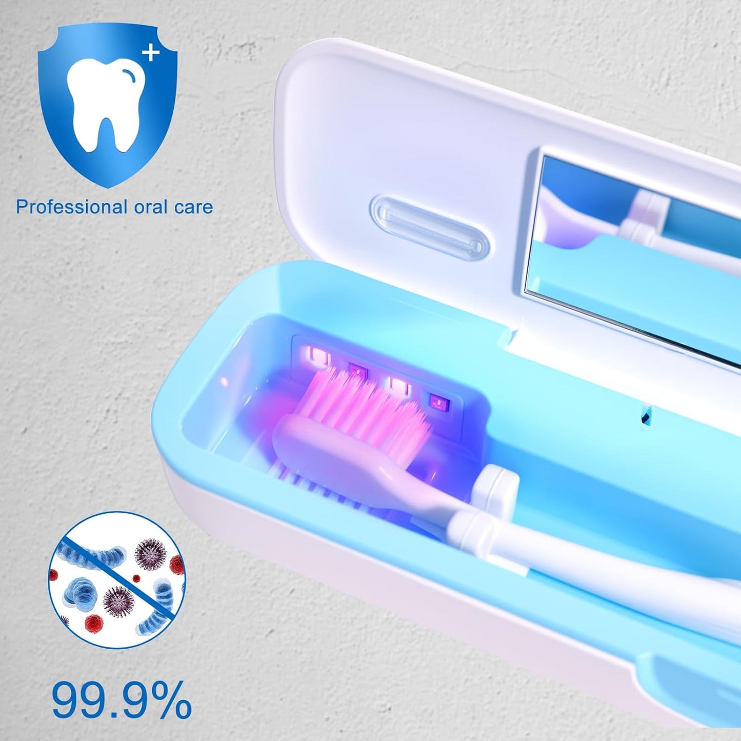 UV Toothbrush Sanitizer and Holder, Portable Travel Case and Cover, Toothbrush Cleaner Powered by AA Battery or USB-C, Fits Most Brushes