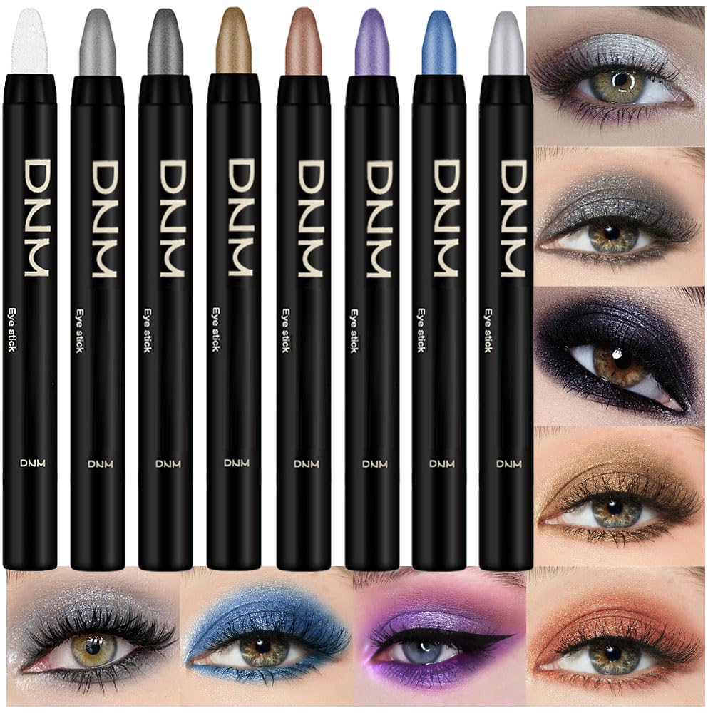 evpct 8Pcs Cream Eye Shadow Brightener Sticks Makeup Set for Eyes, Pearl White Smokey Black Gray Silver Violet Purple Khaki Royal Blue Glitter Shimmer Liquid Pencil Eye shadow Stick Palette Makeup