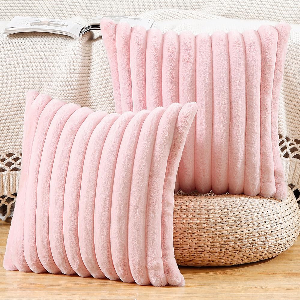 MADIZZ Set of 2 Faux Wool Plush Decorative Throw Pillow Covers 26x26 Inch Pink Fluffy Striped Soft Decorative Cushion Cover for Sofa Bedroom Pillow Shell