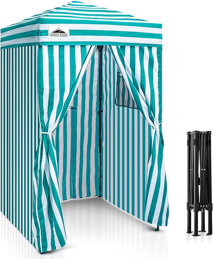 EAGLE PEAK Flex Ultra Compact 4x4 Pop-up Canopy, Sun Shelter, Changing Room, Portable Privacy Canopy Cabana for Pool, Fashion Photoshoots, or Camping, 4x4 ft, White/Light Blue