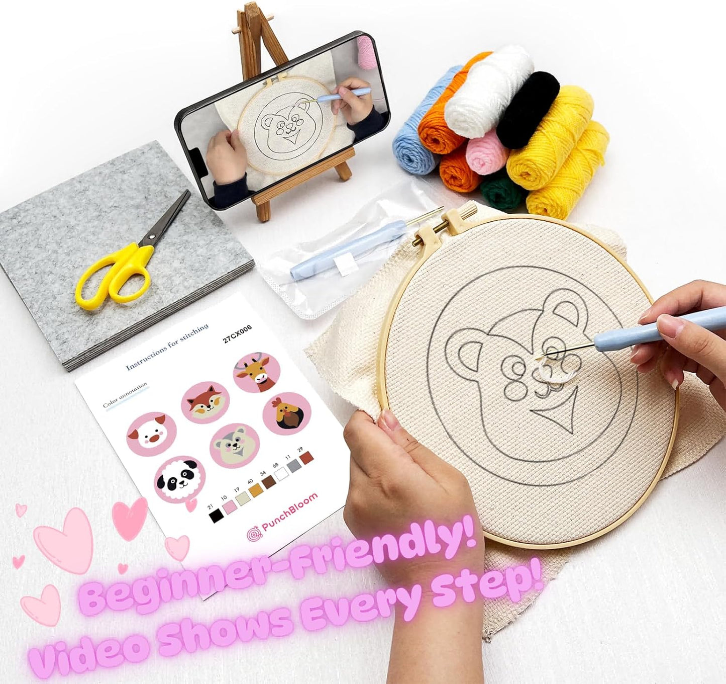 Punch Needle Kit for Adults Beginners, 6-Piece Cute Animal Punch Coaster Starter Kit – Easy Embroidery Stitch Craft Set with Instructions – Fun Needle Point Tufting for Table Decor & Festival Gifts
