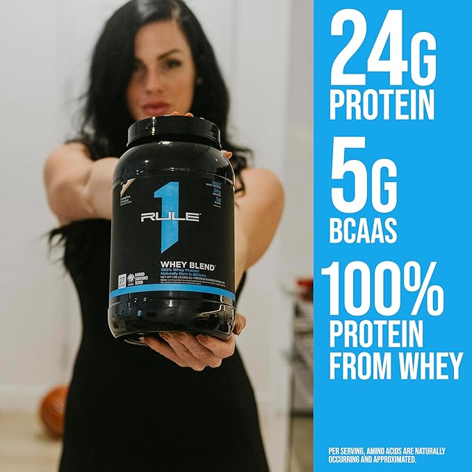 Rule One Proteins, R1 Whey Blend - 24g Fast-Acting Whey Protein Concentrates, Isolates, and Hydrolysates Per Serving, with Naturally Occurring EAAs and BCAAs (5 Pounds*, Strawberry Banana)