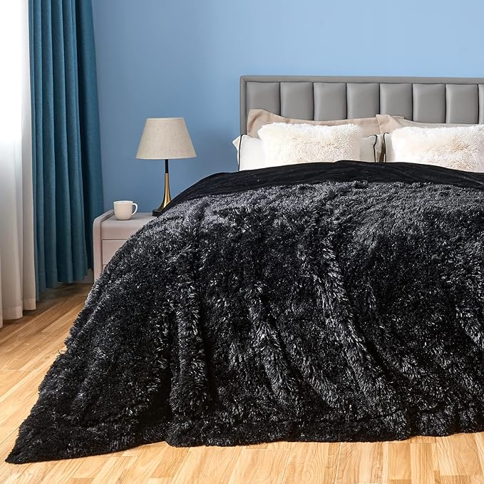 GONAAP Fuzzy Faux Fur Throw Blanket Queen Size Black Super Soft Cozy Plush Fuzzy Shaggy Blanket for Couch Sofa Bed (Black, Queen(90"x90"))