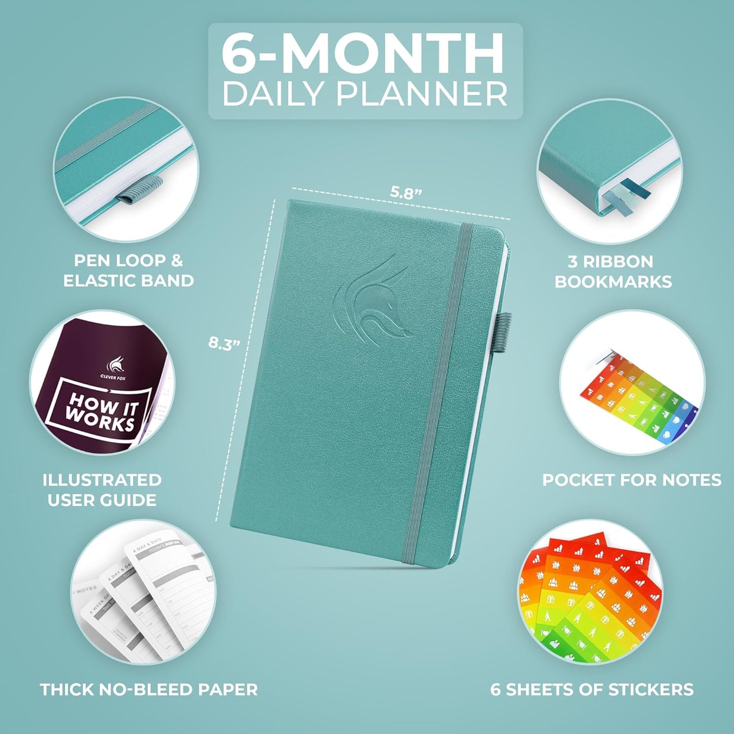 Clever Fox Daily Planner – Undated Planning Notebook with Hourly Schedule & To-Do List – Personal Day Task & Work Organizer, 6 Months (Aquamarine)