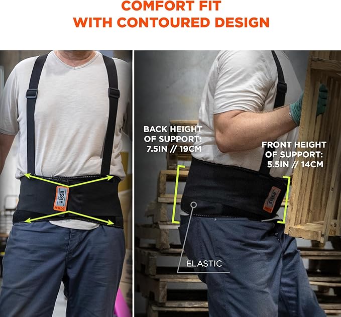 Ergodyne ProFlex 1650 Back Support Belt, 7.5" Elastic, Adjustable, Removeable Straps, Black, Medium