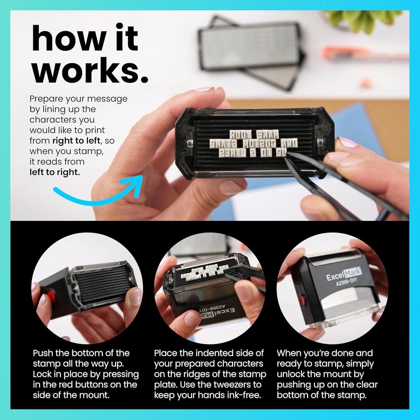 ExcelMark Self-Inking DIY Custom Rubber Stamp Kit - Personalized Stamper for Business or Home - Address Stamp, Message Stamp, and More (Black)