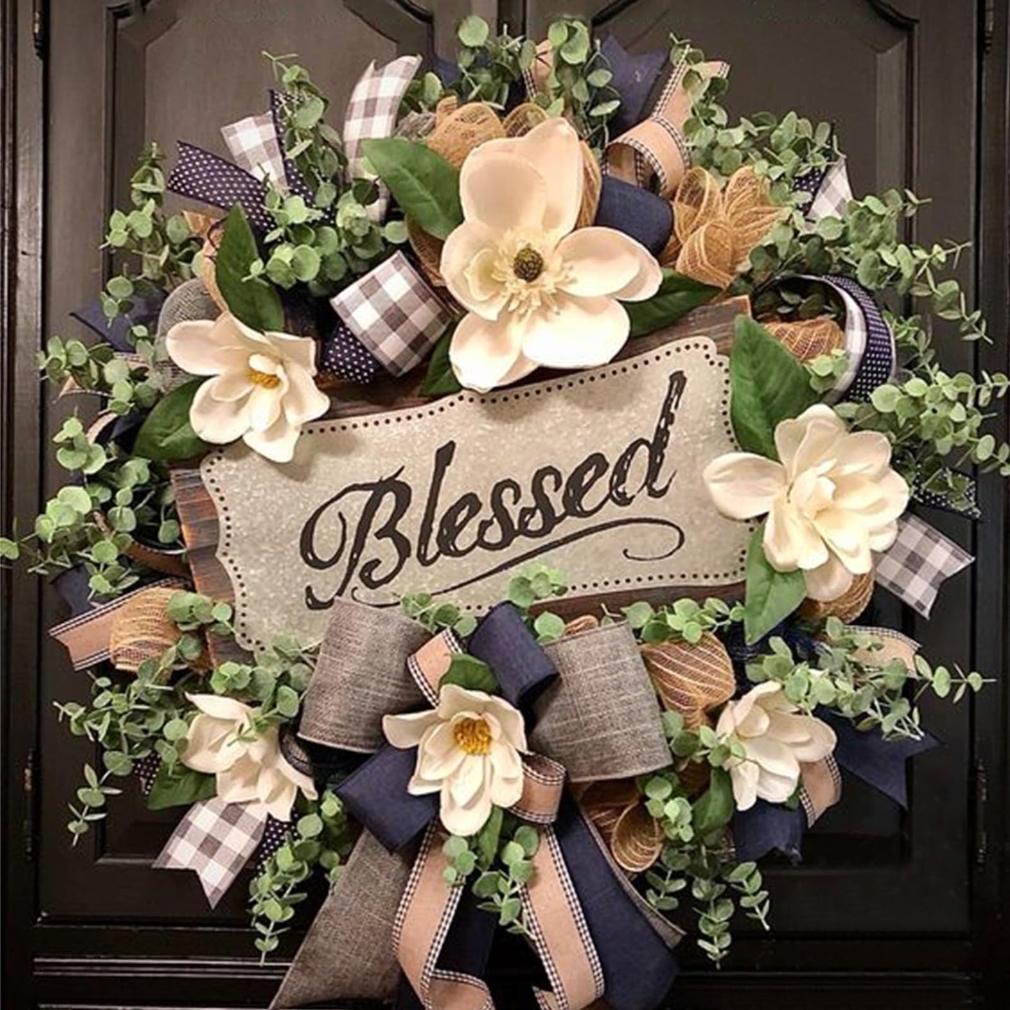 Spring Summer Wreath for Front Door,Farmhouse Magnolia Porch Decoration,Front Door Hanger,Housewarming Gift, Buffalo Plaid Year Round Wreath,Summer Home Decor